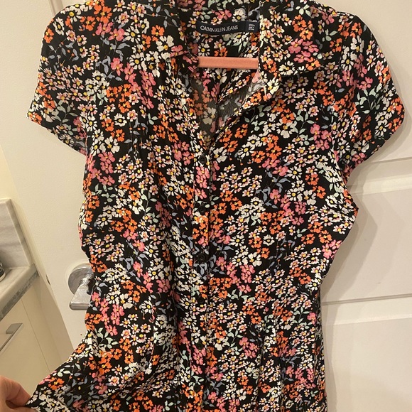 Floral Calvin Klein Black Pink Orange printed button up maxi dress - Picture 3 of 5